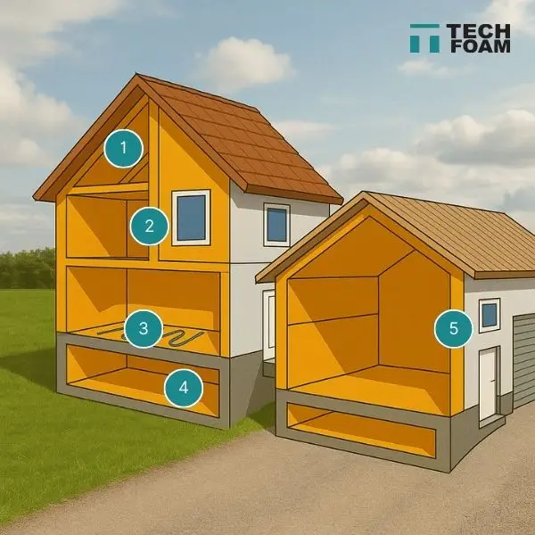 Isolation thermique par mousse projetée polyuréthane – maison individuelle et bâtiment industriel en coupe, zones isolées en orange (murs, toitures, sols, sous-sols).